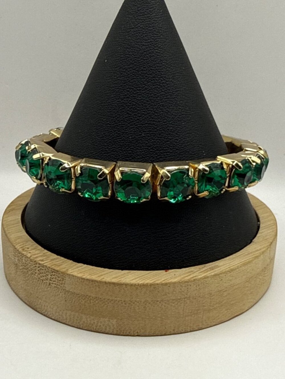 Vintage Emerald Green Rhinestone Gold Stretch Tennis Bracelet Chunky Jewelry